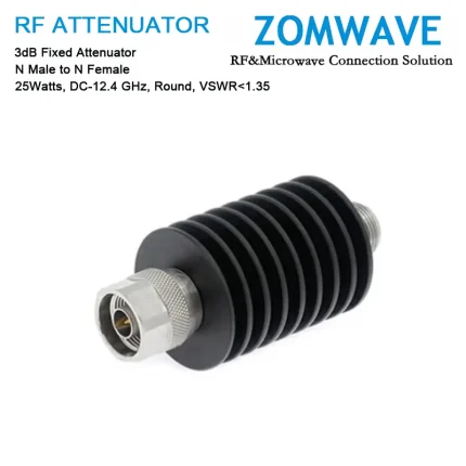 3dB Fixed Attenuator, N Male to N Female, 25Watts, DC-12.4GHz, Round, VSWR1.35