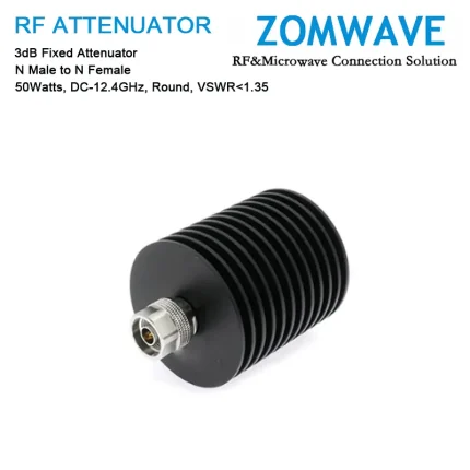 3dB Fixed Attenuator, N Male to N Female, 50Watts, DC-12.4GHz, Round, VSWR1.35