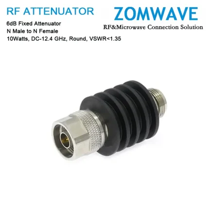6dB Fixed Attenuator, N Male to N Female, 10Watts, DC-12.4GHz, Round, VSWR1.35