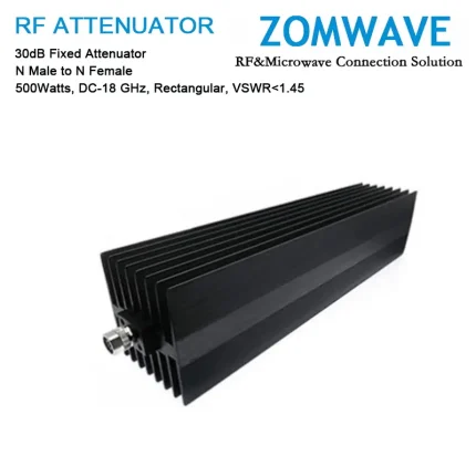 30dB Fixed Attenuator, N Male to N Female, 500Watts, DC-18 GHz, Rectangular, VSWR1.45