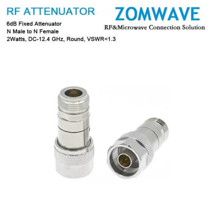 6dB Fixed Attenuator, N Male to N Female, 2Watts, DC-12.4GHz, Round, VSWR1.3