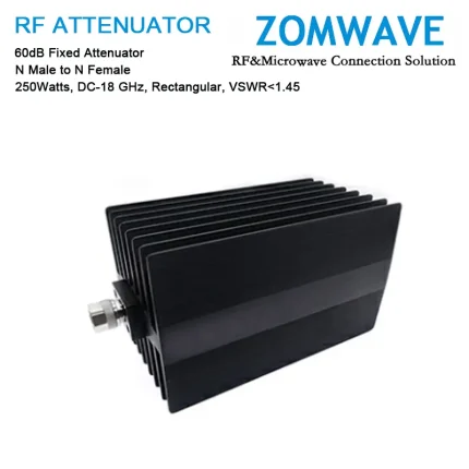 60dB Fixed Attenuator, N Male to N Female, 250Watts, DC-18 GHz, Rectangular, VSWR1.45