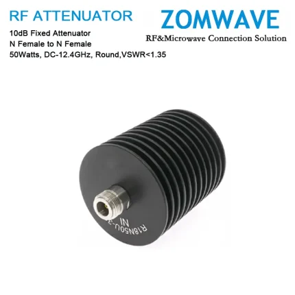 10dB Fixed Attenuator, N Female to N Female, 50Watts, DC-12.4GHz, Round, VSWR1.35