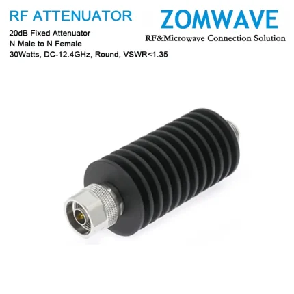 20dB Fixed Attenuator, N Male to N Female, 30Watts, DC-12.4GHz, Round, VSWR1.35