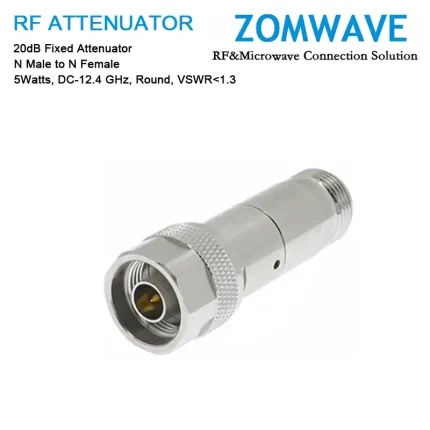 20dB Fixed Attenuator, N Male to N Female, 5Watts, DC-12.4GHz, Round, VSWR1.3