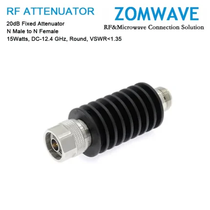 20dB Fixed Attenuator, N Male to N Female, 15Watts, DC-12.4GHz, Round, VSWR1.35