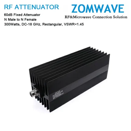 60dB Fixed Attenuator, N Male to N Female, 300Watts, DC-18 GHz, Rectangular, VSWR1.45