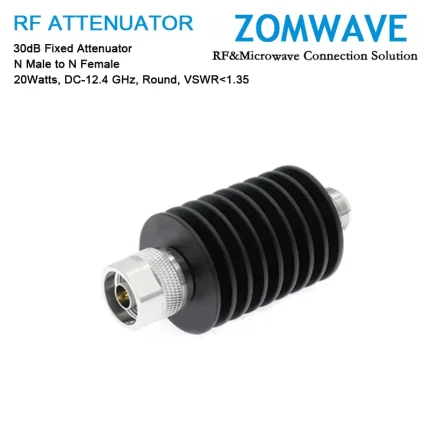 30dB Fixed Attenuator, N Male to N Female, 20Watts, DC-12.4GHz, Round, VSWR1.35