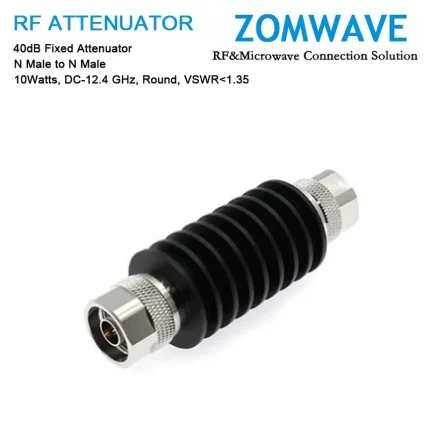 40dB Fixed Attenuator, N Male to N Male, 10Watts, DC-12.4GHz, Round, VSWR1.35