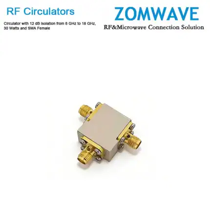 Circulator with 12 dB lsolation from 8 GHz to 18 GHz, 30 Watts and SMA Female