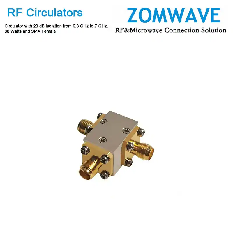 Circulator with 20 dB lsolation from 6.8 GHz to 7 GHz, 30 Watts and SMA Female