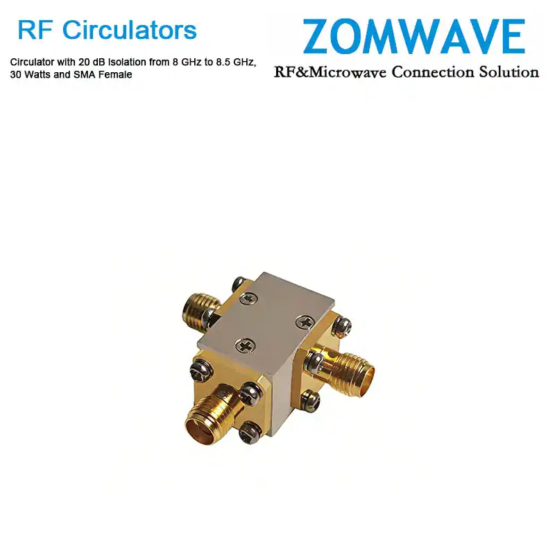 Circulator with 20 dB lsolation from 8 GHz to 8.5 GHz, 30 Watts and SMA Female