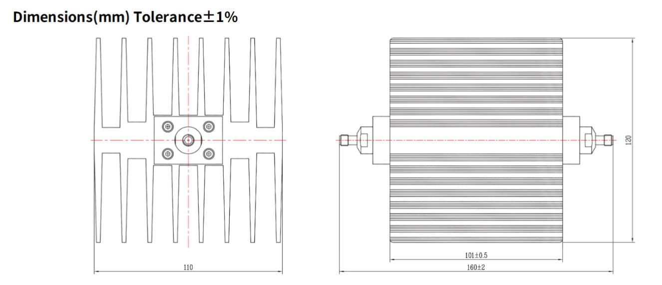 60dB Fixed Attenuator, SMA Female to SMA Female, 100Watts, DC-18 GHz, Rectangular, VSWR