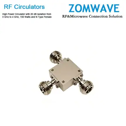 High Power Circulator with 20 dB lsolation from 3 GHz to 4 GHz, 150 Watts and N Type Female