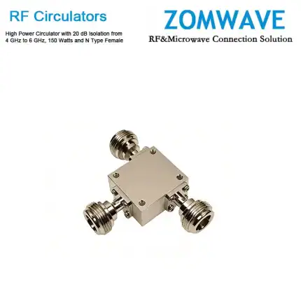 High Power Circulator with 20 dB lsolation from 4 GHz to 6 GHz, 150 Watts and N Type Female