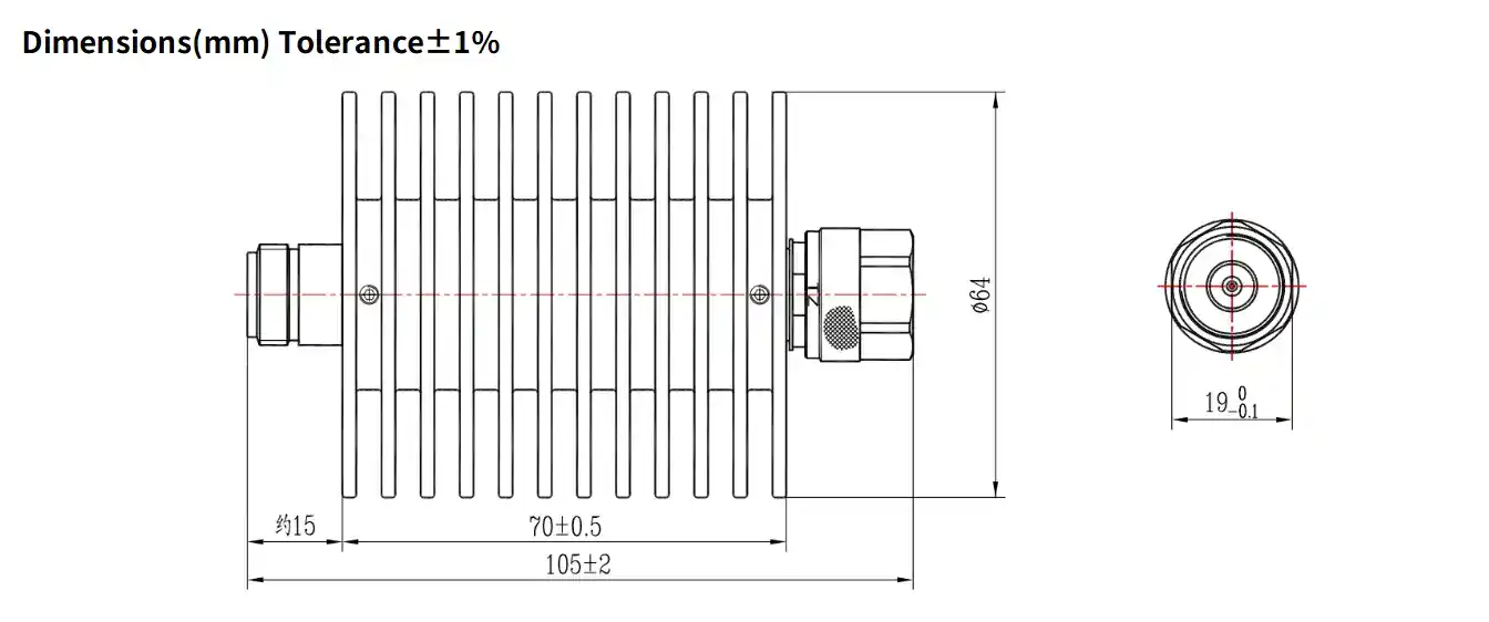 50dB Fixed Attenuator, N Male to N Female, 50Watts, DC-18 GHz, Round, VSWR