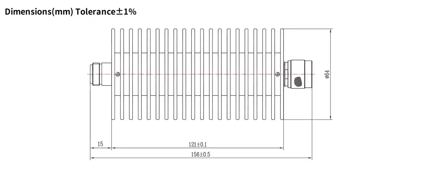 10dB Fixed Attenuator, N Male to N Female, 100Watts, DC-18 GHz, Round, VSWR