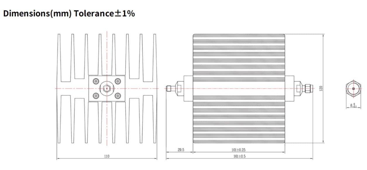 60dB Fixed Attenuator, SMA Male to SMA Female, 100Watts, DC-18 GHz, Rectangular, VSWR