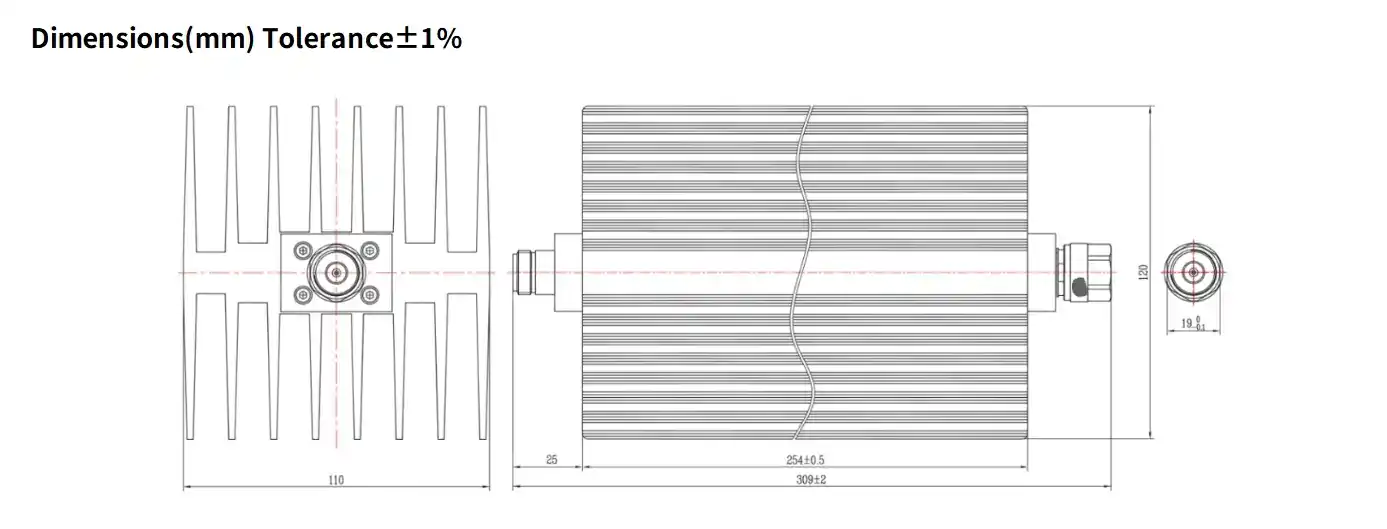 10dB Fixed Attenuator, N Male to N Female, 250Watts, DC-18 GHz, Rectangular, VSWR