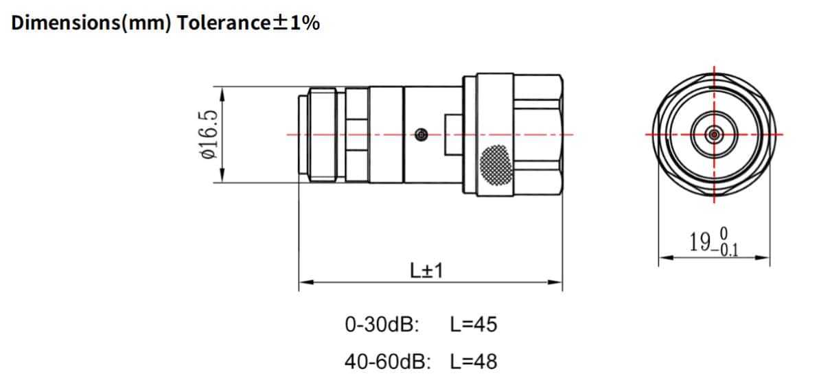 60dB Fixed Attenuator, N Male to N Female, 2Watts, DC-18 GHz, Round, VSWR