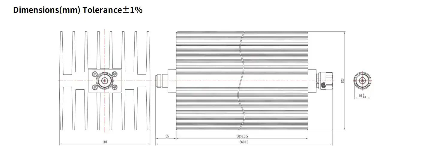 20dB Fixed Attenuator, N Male to N Female, 300Watts, DC-18 GHz, Rectangular, VSWR1.45