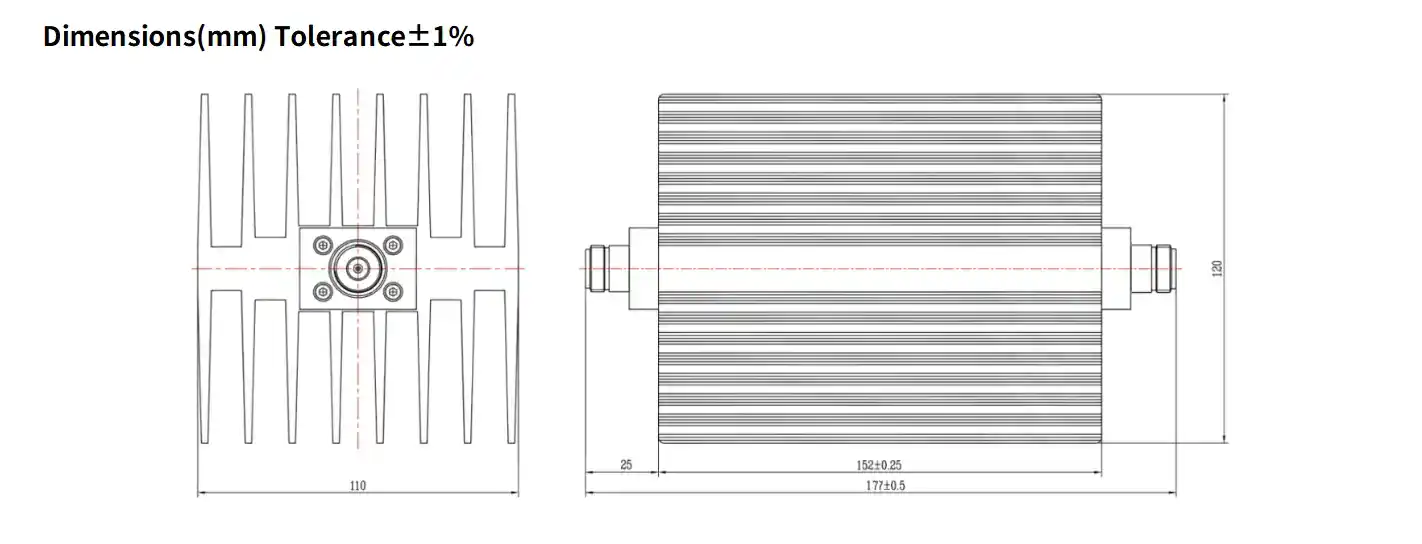 30dB Fixed Attenuator, N Female to N Female, 150Watts, DC-18 GHz, Rectangular, VSWR1.45