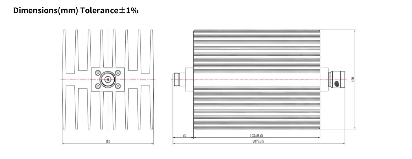 30dB Fixed Attenuator, N Male to N Female, 150Watts, DC-18 GHz, Rectangular, VSWR1.45
