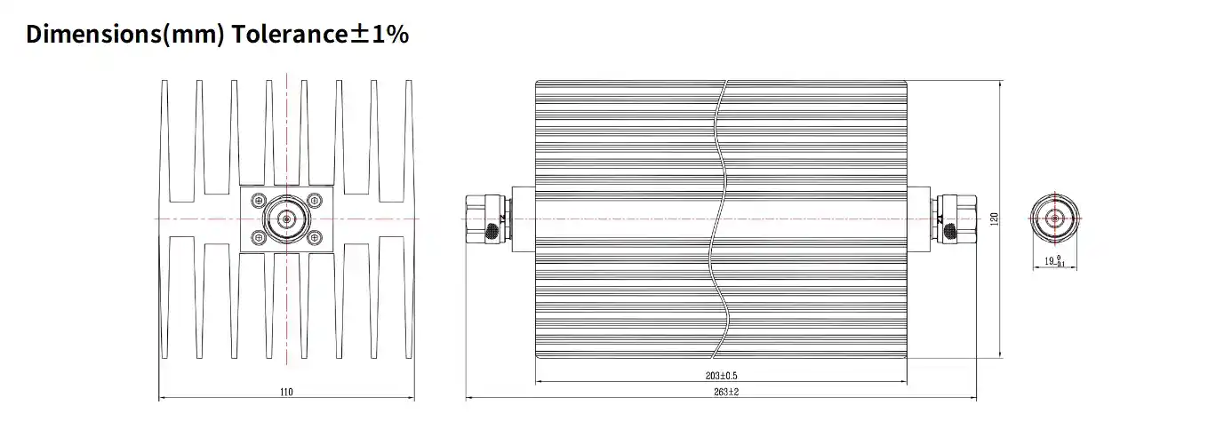 30dB Fixed Attenuator, N Male to N Male, 200Watts, DC-18 GHz, Rectangular, VSWR1.45