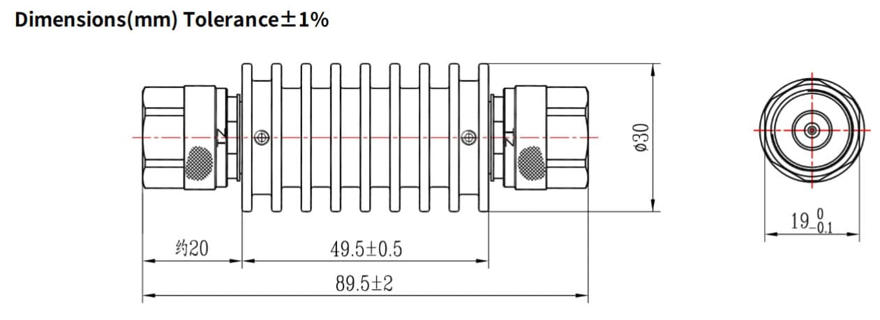 60dB Fixed Attenuator, N Male to N Male, 10Watts, DC-18 GHz, Round, VSWR
