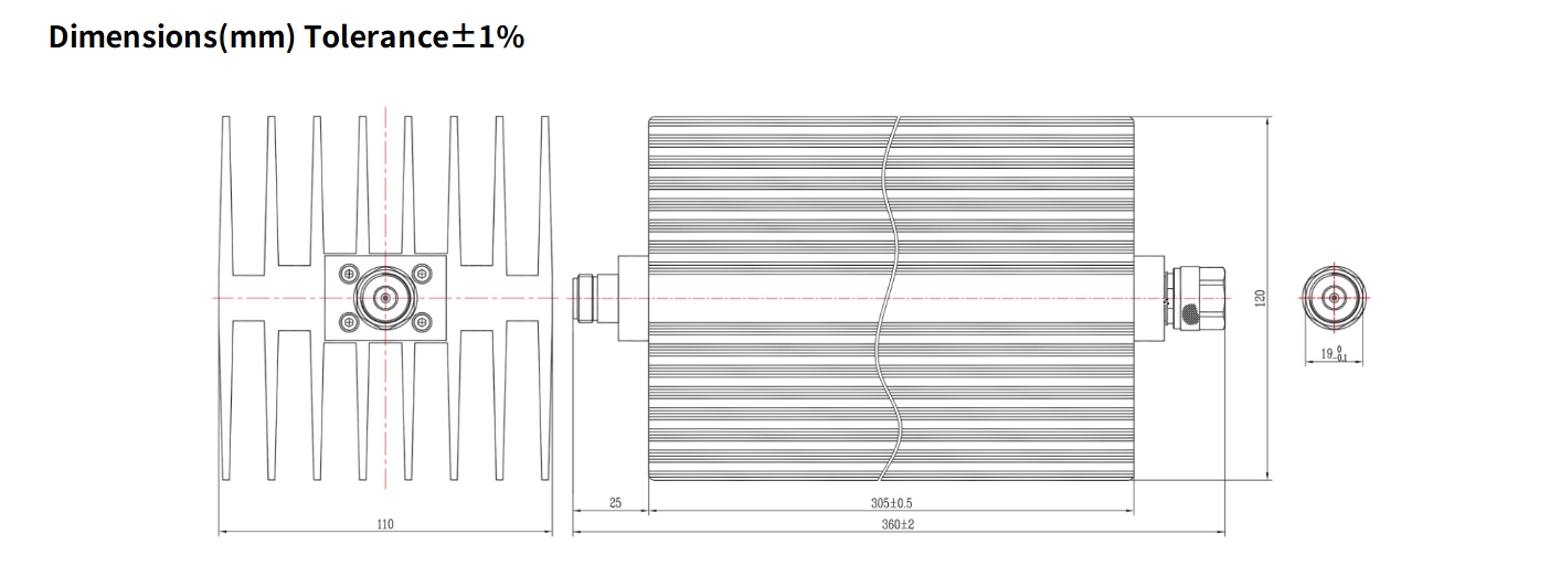 60dB Fixed Attenuator, N Male to N Female, 300Watts, DC-18 GHz, Rectangular, VSWR1.45