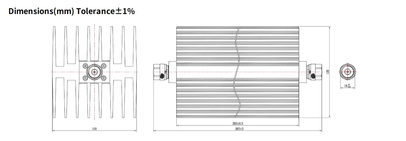 50dB Fixed Attenuator, N Male to N Male, 200Watts, DC-18 GHz, Rectangular, VSWR1.45