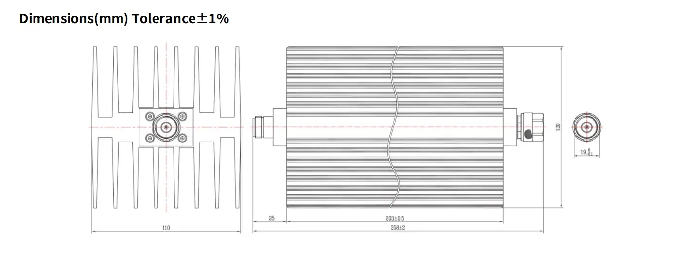 50dB Fixed Attenuator, N Male to N Female, 200Watts, DC-18 GHz, Rectangular, VSWR1.45
