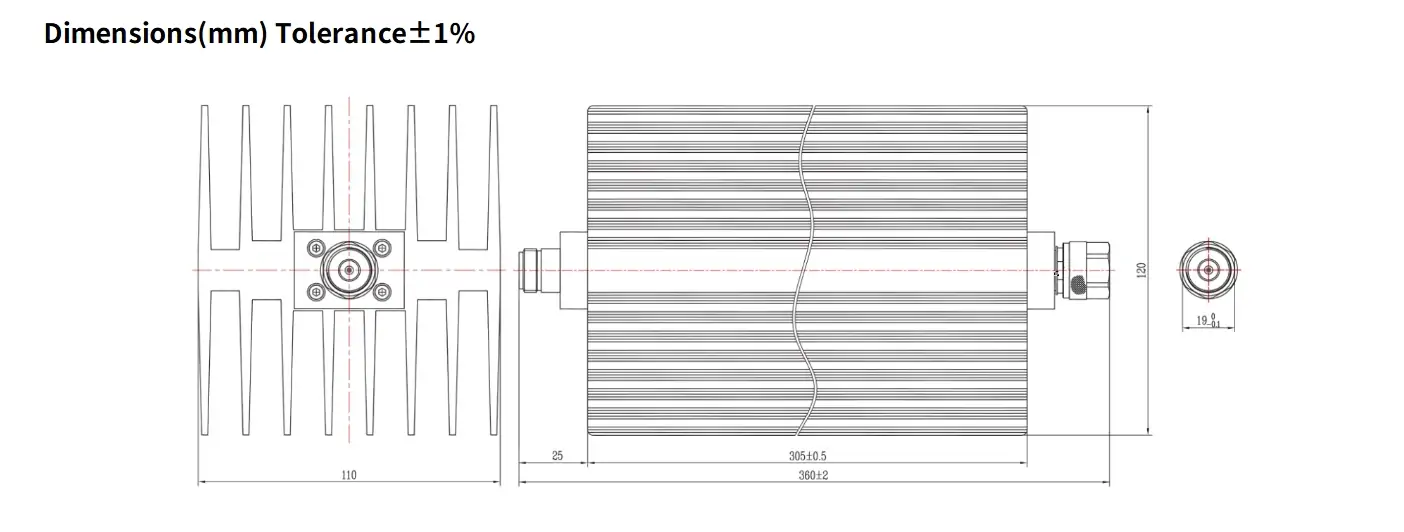 50dB Fixed Attenuator, N Male to N Female, 300Watts, DC-18 GHz, Rectangular, VSWR1.45