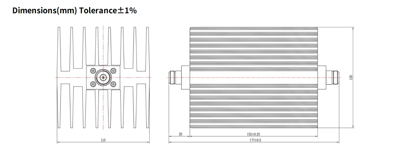 60dB Fixed Attenuator, N Female to N Female, 150Watts, DC-18 GHz, Rectangular, VSWR1.45