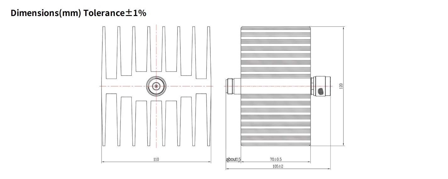 20dB Fixed Attenuator, N Male to N Female, 50Watts, DC-12.4GHz, Rectangular, VSWR1.35
