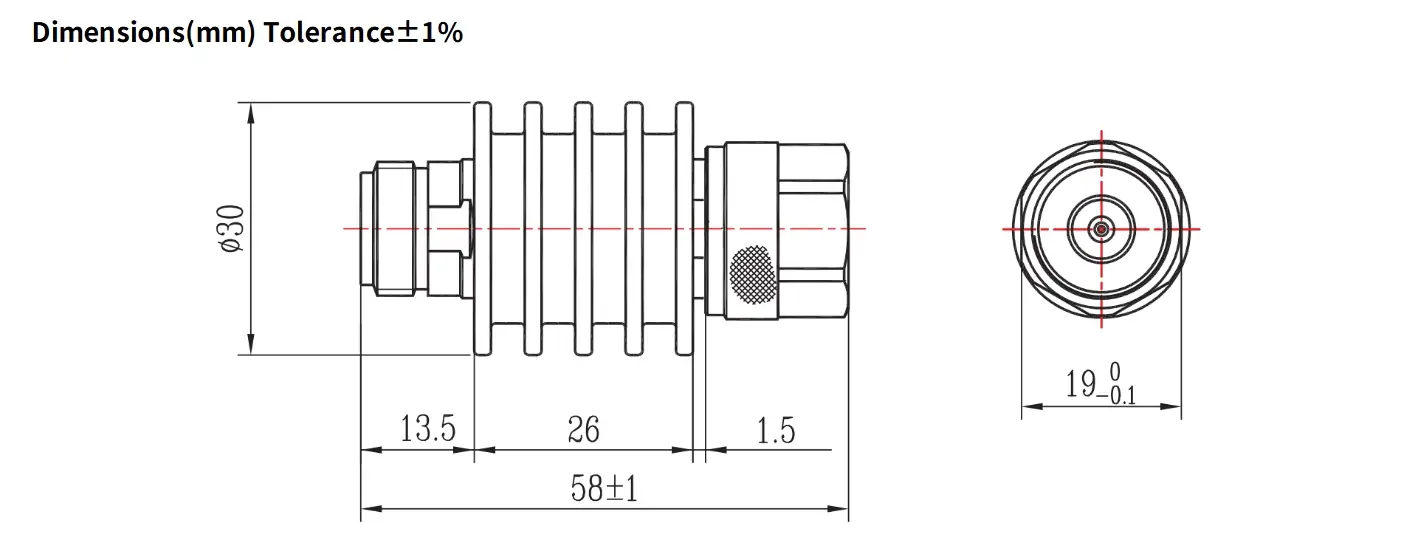 40dB Fixed Attenuator, N Male to N Female, 10Watts, DC-12.4GHz, Round, VSWR1.35
