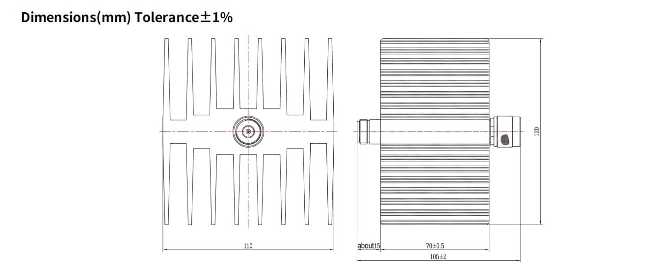 50dB Fixed Attenuator, N Male to N Female, 50Watts, DC-18 GHz, Rectangular, VSWR