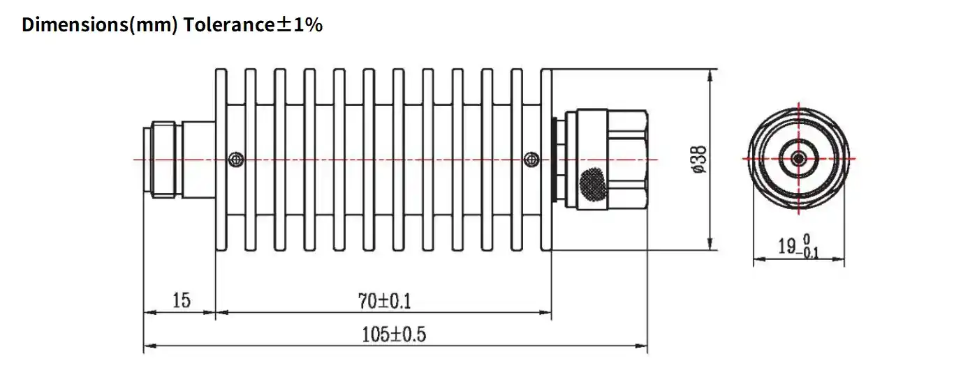 50dB Fixed Attenuator, N Male to N Female, 30Watts, DC-18 GHz, Round, VSWR