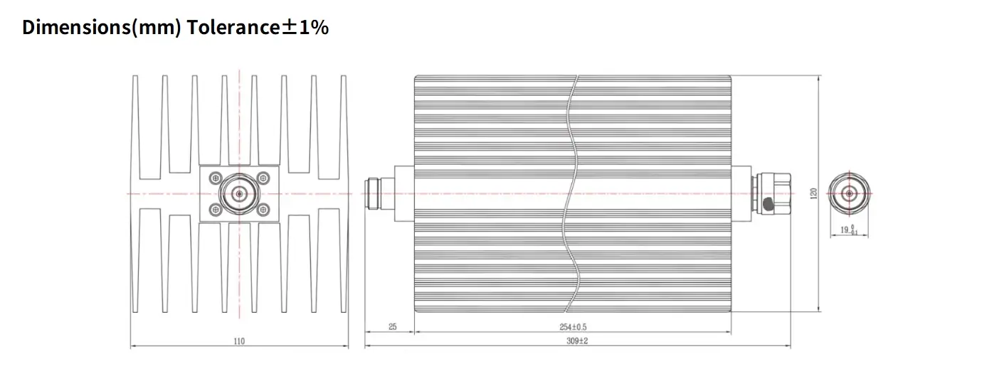 60dB Fixed Attenuator, N Male to N Female, 250Watts, DC-18 GHz, Rectangular, VSWR1.45