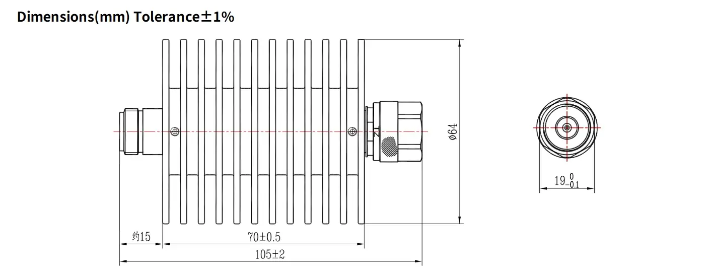 10dB Fixed Attenuator, N Male to N Female, 50Watts, DC-12.4GHz, Round, VSWR1.35