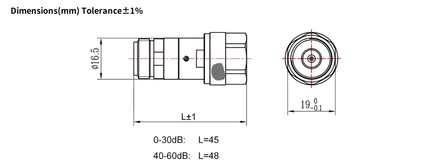 10dB Fixed Attenuator, N Male to N Female, 2Watts, DC-12.4GHz, Round, VSWR1.3