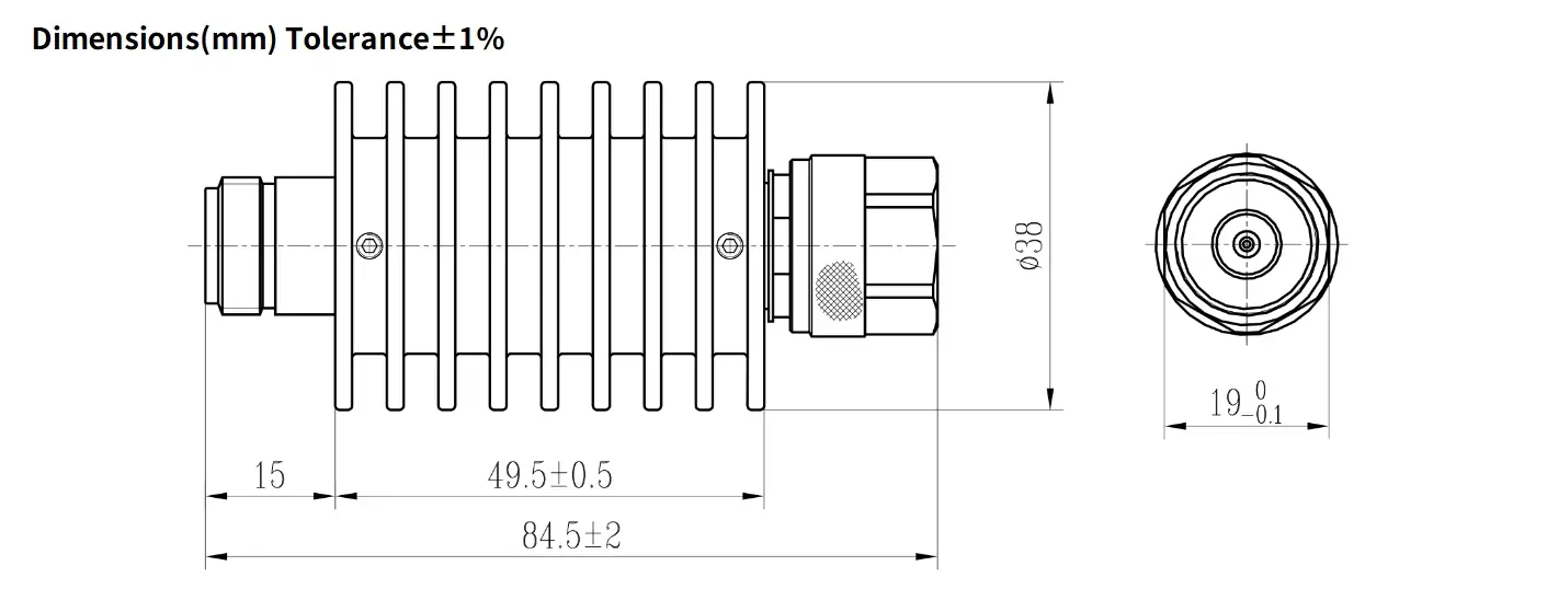20dB Fixed Attenuator, N Male to N Female, 20Watts, DC-12.4GHz, Round, VSWR1.35