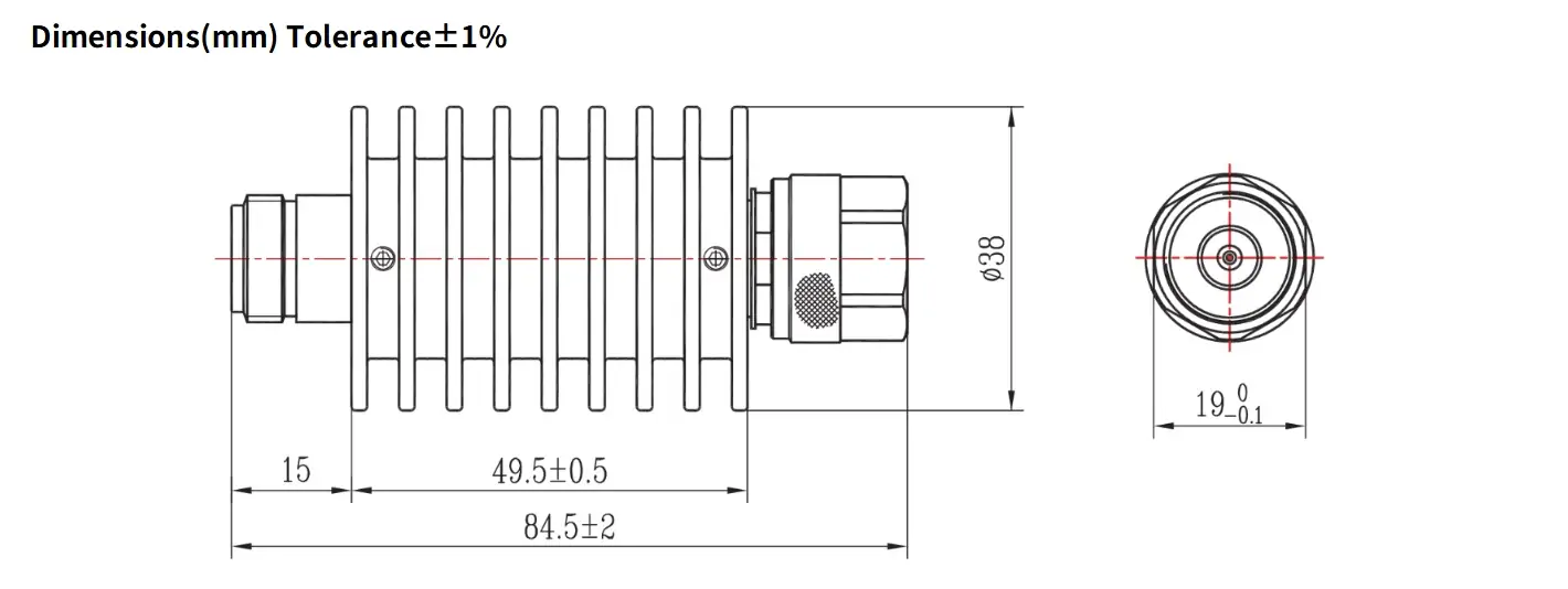 20dB Fixed Attenuator, N Male to N Female, 25Watts, DC-12.4GHz, Round, VSWR1.35