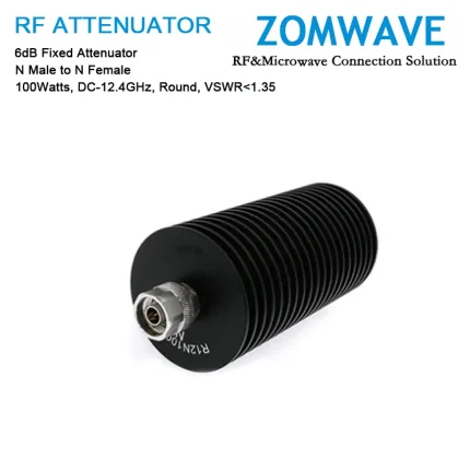 6dB Fixed Attenuator, N Male to N Female, 100Watts, DC-12.4GHz, Round, VSWR1.35