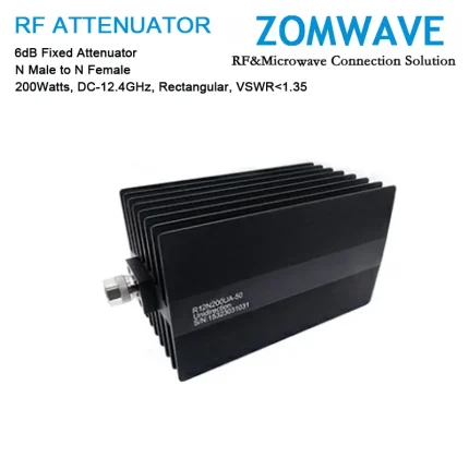 6dB Fixed Attenuator, N Male to N Female, 200Watts, DC-12.4GHz, Rectangular, VSWR1.35