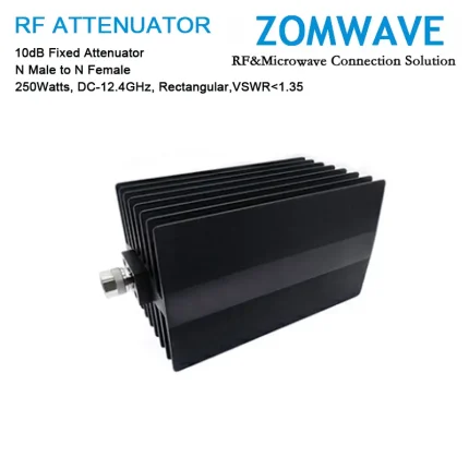 10dB Fixed Attenuator, N Male to N Female, 250Watts, DC-12.4GHz, Rectangular, VSWR1.35