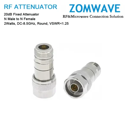 20dB Fixed Attenuator, N Male to N Female, 2Watts, DC-8.5GHz, Round, VSWR1.25
