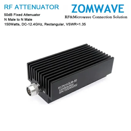 50dB Fixed Attenuator, N Male to N Male, 150Watts, DC-12.4GHz, Rectangular, VSWR1.35