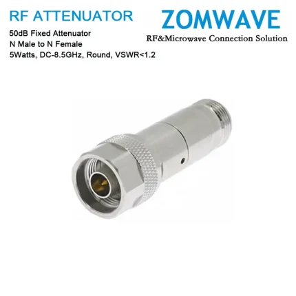 50dB Fixed Attenuator, N Male to N Female, 5Watts, DC-8.5GHz, Round, VSWR1.2