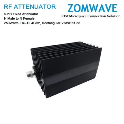 60dB Fixed Attenuator, N Male to N Female, 250Watts, DC-12.4GHz, Rectangular, VSWR1.35
